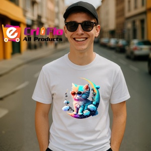 Tricou Pisica turcoaz pe luna aurie cu ochelari fundal alb Copii | Dama | Barbat