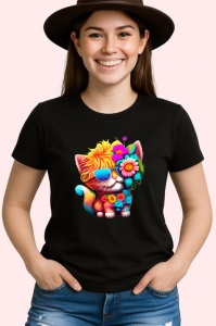 Tricou Pisicuta colorata cu flori si chitara turcoaz Copii | Dama | Barbat, culoare negru - Img 3