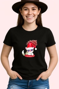 Tricou Pisicuta cu caciula pufoasa si fular rosu Copii | Dama | Barbat, culoare negru - Img 3