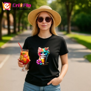 Tricou Pisicuta cu cana cafea si flori mov galbene Copii | Dama | Barbat, culoare negru - Img 7