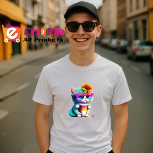 Tricou Pisicuta cu floare in par si cana curcubeu Copii | Dama | Barbat