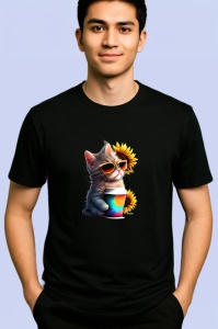 Tricou Pisicuta curcubeu cu cana roz si inima galbena Copii | Dama | Barbat, culoare negru - Img 2