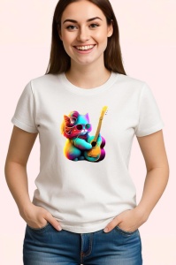 Tricou Pisicuta curcubeu cu chitara fundal alb Copii | Dama | Barbat - Img 3
