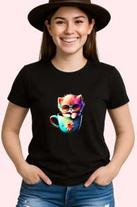 Tricou Pisicuta in cana albastra cu ochelari fundal albastru Copii | Dama | Barbat, culoare negru - Img 3