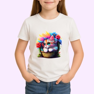 Tricou Pisicuta in cos cu flori si par in culori vibrante Copii | Dama | Barbat