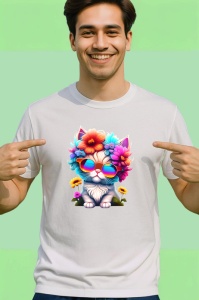 Tricou Pisicuta turcoaz cu flori si ochelari colorati Copii | Dama | Barbat - Img 2