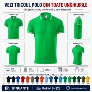 Tricou Polo Bărbați Malfini Urban 219, cu Dungi la Guler, Tip Tommy, 65% Bumbac, 200 g/m², 19 Culori, Mărimi S–3XL - Img 6