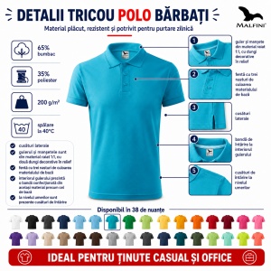 Tricou Polo Bărbați simplu, Malfini – Casual Office,Regular Fit, Bumbac 65% 38 Culori, S-5XL - Img 4
