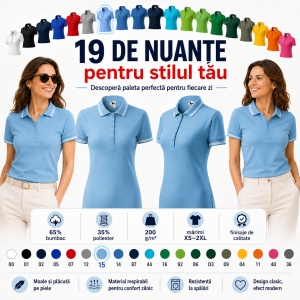 Tricou Polo Damă cu dungi la guler, bumbac 65%, marimi XS - 2XL - 19 nuanțe
