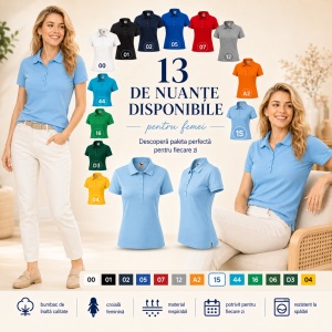 Tricou Polo Damă din Bumbac 100% – Casual Office, Guler Polo, XS-2XL | 13 Culori | Pique Polo - Img 4