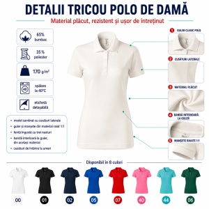 Tricou Polo Damă Joy P22 – 65% Bumbac, 170 g/m², Croială Cambrată, Etichetă Detașabilă - Img 3