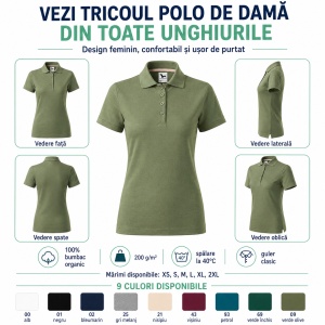Tricou Polo Damă Malfini Prime GOTS 235 – 100% Bumbac Organic, 200 g/m², Croială Cambrată - Img 5