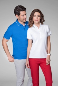 Imagine de prezentare pentru tricou polo cu dunga la guler cu femeie si barbat