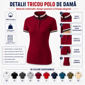 Tricou Polo Damă Premium Malfini 257 Collar Up, 100% Bumbac, Croială Cambrată, 215 g/m², XS 2XL, 10 Culori - Img 5
