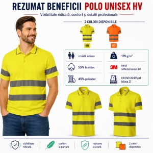 Tricou Polo Reflectorizant Unisex Damă/Bărbat HV Runway 2V9 cu Guler – Benzi 3M, 55% Bumbac - Img 5