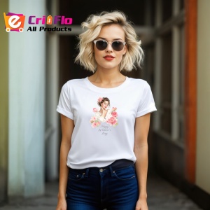 Tricou Portret Eleganta Femeie Flori Roz, din bumbac 100% , tricou alb pentru Dama - Img 3