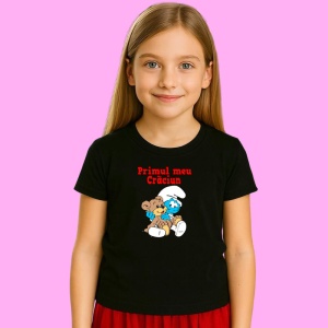 Tricou Primul Meu Craciun Ursulet Cu Cadou Strumfi, din bumbac 100% Copii | Dama | Barbat - Img 3
