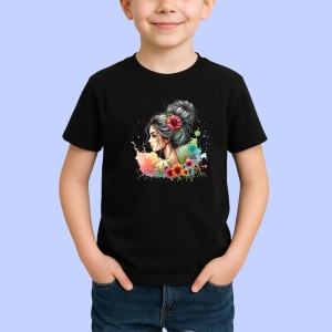 Tricou Profile girl watercolor flower blend, fata in profil cu flori acuarela, Copii | Dama | Barbat , tricou negru - Img 2