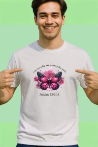 Tricou Psalm 139 fluture roz cu text religios inspirational Copii | Dama | Barbat Barbat - Img 2