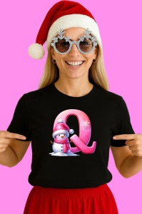 Tricou Q Litera Craciun Roz Cu Om De Zapada Fulgi De Zapada, din bumbac 100% Copii | Dama | Barbat