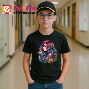 Tricou Rainbow curls girl roses tattoo, fata cu bucle curcubeu si tatuaj trandafiri, Copii | Dama | Barbat , tricou negru - Img 6