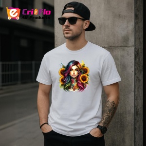 Tricou rainbow hair girl sunflower tattoo, fata cu par curcubeu si tatuaj floarea soarelui, Copii | Dama | Barbat - Img 4