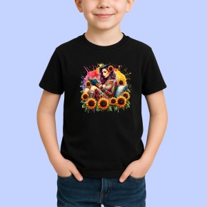 Tricou Reading girl sunflower field, fata citind in lan de floarea soarelui, Copii | Dama | Barbat , tricou negru - Img 2