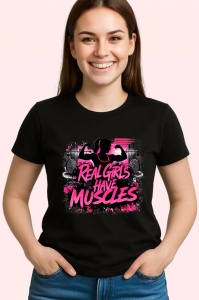 Tricou Real Girls Have Muscles Roz Intens, Copii | Dama | Barbat, culoare negru - Img 4