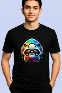 Tricou Rechin curcubeu cu dinti mari stil pop art Copii | Dama | Barbat, culoare negru - Img 2