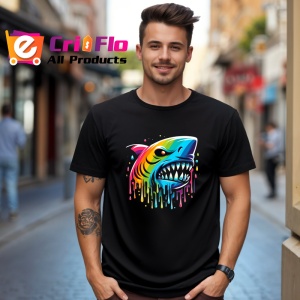 Tricou Rechin graffiti cu efecte vizuale pradator colorat Copii | Dama | Barbat, culoare negru - Img 5