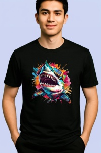 Tricou Rechin in stil graffiti cu ochelari fundal alb Copii | Dama | Barbat, culoare negru - Img 2