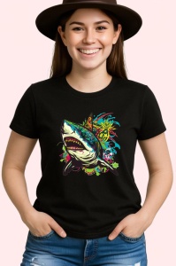 Tricou Rechin verde cu stropi colorati fundal alb Copii | Dama | Barbat, culoare negru - Img 3