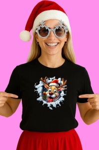 Tricou Ren Cu Fundal Albastru Si Zambet Craciun, din bumbac 100% Copii | Dama | Barbat - Img 2
