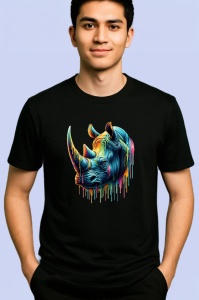 Tricou Rinocer albastru corn colorat design impunator si viu Copii | Dama | Barbat, culoare negru - Img 2