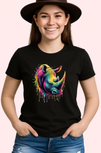 Tricou Rinocer colorat forta si protectie in arta dripping Copii | Dama | Barbat, culoare negru
