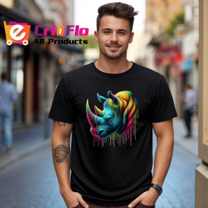 Tricou Rinocer realist in culori vibrante fundal alb Copii | Dama | Barbat, culoare negru - Img 6