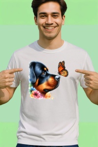 Tricou Rottweiler calm cu fluture portocaliu si flori colorate contrast vibrant Copii | Dama | Barbat Barbat - Img 2