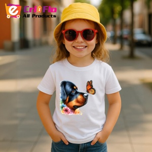 Tricou Rottweiler calm cu fluture portocaliu si flori colorate contrast vibrant Copii | Dama | Barbat Barbat - Img 14