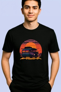 Tricou Rulota hippie cu flori si camp de floarea soarelui Copii | Dama | Barbat, culoare negru - Img 2