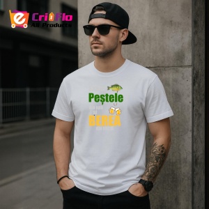 Tricou Salvez Pestele Din Apa Si Berea Din Sticla, din bumbac 100%, tricou alb, Dama | Barbat - Img 3