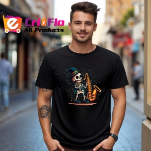 Tricou Schelet cu saxofon si costum elegant fundal alb Copii | Dama | Barbat, culoare negru - Img 6