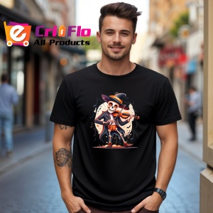 Tricou Schelet cu vioara si palarie vrajitor fundal alb Copii | Dama | Barbat, culoare negru - Img 5