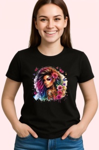Tricou Side view girl pink flowers hair tattoo, fata profil cu flori roz si tatuaje, Copii | Dama | Barbat , tricou negru