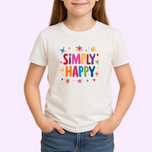 Tricou Simply Happy Text Colorat Stele V1, din bumbac 100% , tricou alb pentru Copii | Dama | Barbat - Img 2