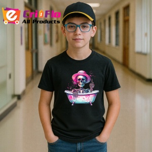 Tricou Skeleton in bathtub hat, schelet in cada cu palarie, Copii | Dama | Barbat , tricou negru - Img 5