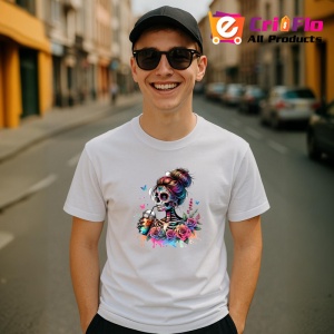 Tricou skeleton makeup flowers tattoos, fata cu machiaj schelet si flori tatuate, Copii | Dama | Barbat - Img 6