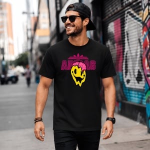 Tricou Smiley Face Melting Design Urban Neon Roz Streetwear Art, din bumbac 100%, tricou negru, Copii | Dama | Barbat - Img 5