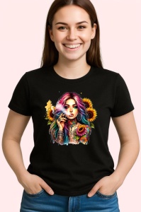 Tricou Smoking girl floral tattoo, fata care fumeaza cu tatuaj floral, Copii | Dama | Barbat , tricou negru