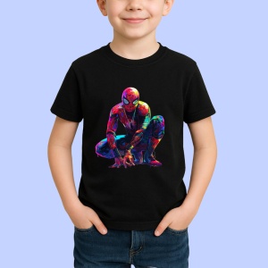 Tricou Spiderman desen colorat pozitie ghemuit fundal alb Copii | Dama | Barbat, culoare negru - Img 4