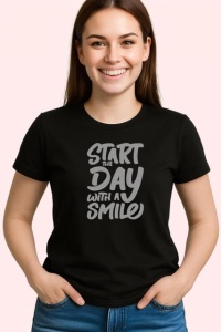 Tricou Start The Day With A Smile Text Bold Negru, din bumbac 100%, tricou negru Copii | Dama | Barbat - Img 3